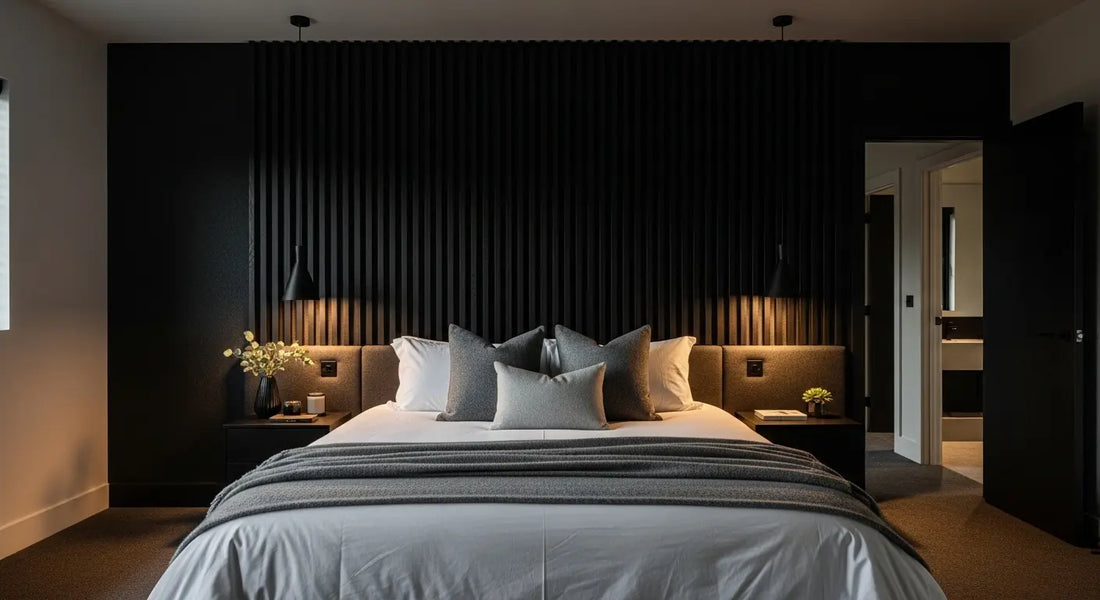 Luxury master bedroom featuring a black wood wall bedroom design with acoustic slat panels and hotel-style lighting.
