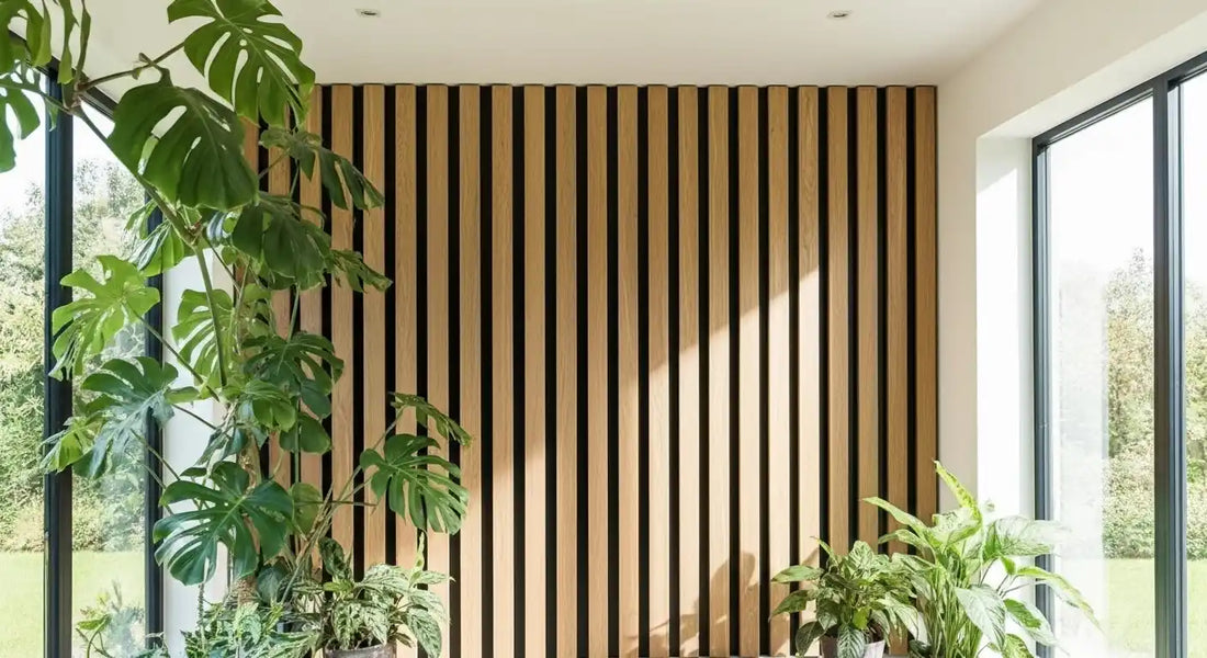 Modern office reception with walnut acoustic wood panels and biophilic greenery.